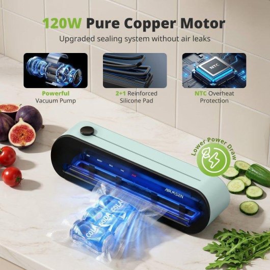 Selladora al Vacío Airmsen para Alimentos 120W 60 kPa Pantalla Táctil Cortador Incorporado