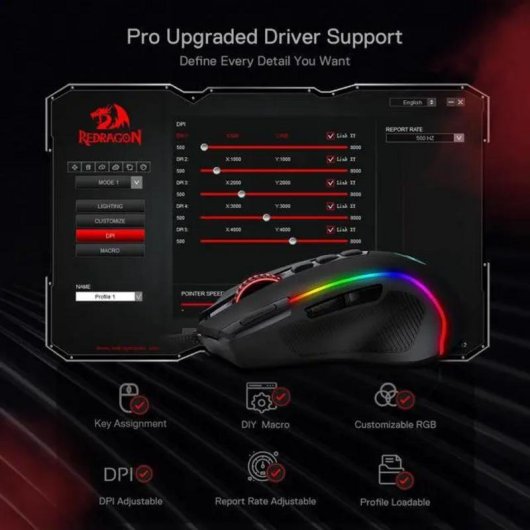 Souris Redragon M612 Ambidextre USB 8000 DPI Noir RGB 11 Boutons