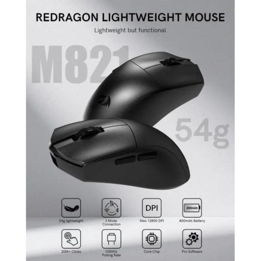 Ratón Redragon M821 Wireless Tri-Mode 12800 DPI Preto 7 Botões Programáveis