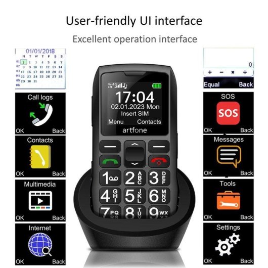 Artfone C1+4G 4G 1,8" Botones Grandes Base de Carga Negro