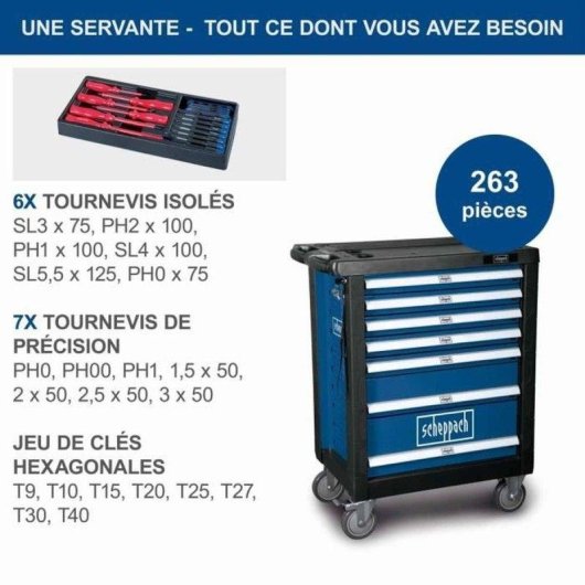 Carrello Attrezzi Mobile Scheppach TW1000 7 Cassetti 263 Pezzi Serratura a Cilindro