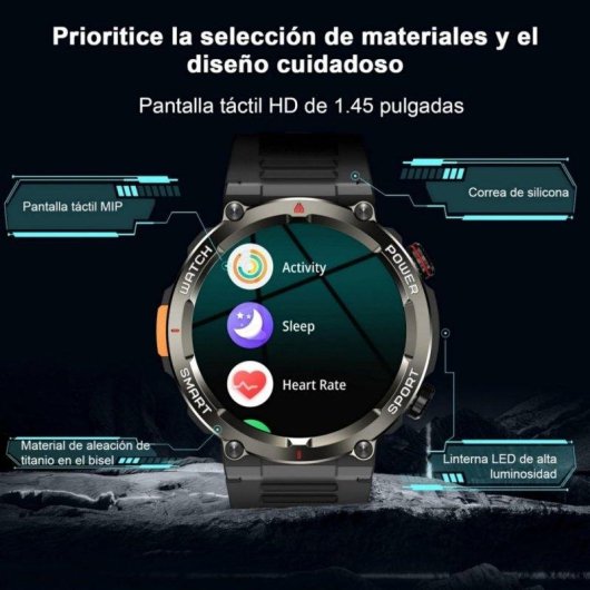 Iowodo Bluetooth 1,45" Negro Correa Silicona y Nailon IP68 SpO2 Pulsómetro