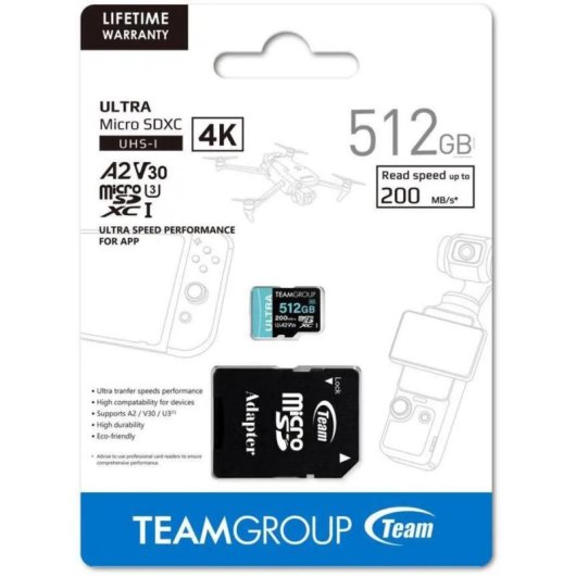 Carte microSD Team TULMSDX512GIA2V3022503 512GB Ultra rapide 200MB/s