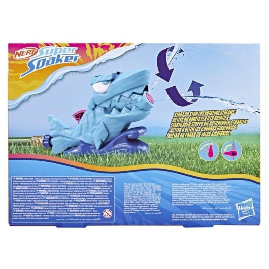Wassersprinkler Nerf Super Soaker Hop & Chomp Hai, 2 rotierende Düsen, beweglicher Kiefer, Schlauchanschluss, Außen-Spielzeug