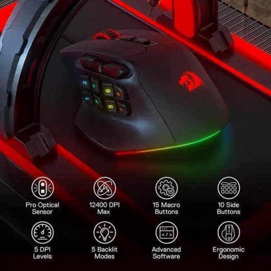 Maus Redragon M811 USB 6200 DPI 15 Tasten Schwarz Ergonomisch RGB