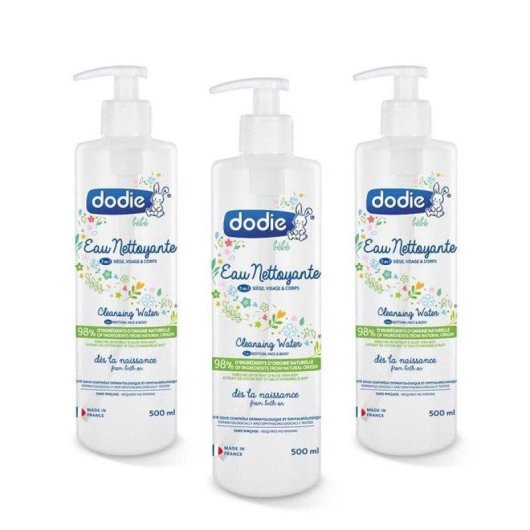 Agua de limpieza 3 en 1 para bebé Dodie 3 x 500 ml hipoalergénica 98% origen natural