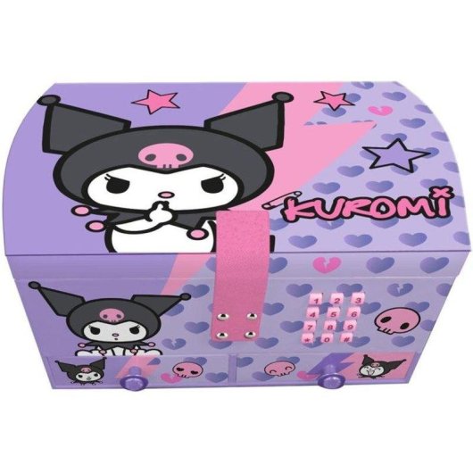 Caixa de Joias Musical Kuromi Kids Licensing com Código Secreto, Espelho, 2 Gavetas, Bandeja Extraível, Efeito Sonoro, Violeta, 21 x 15 x 12 cm, +5 Anos