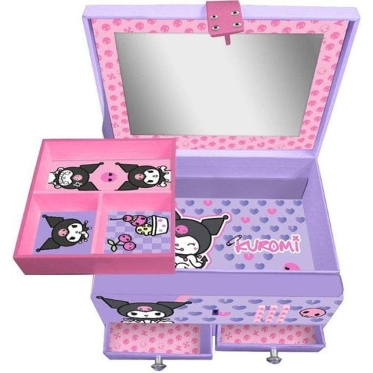 Caixa de Joias Musical Kuromi Kids Licensing com Código Secreto, Espelho, 2 Gavetas, Bandeja Extraível, Efeito Sonoro, Violeta, 21 x 15 x 12 cm, +5 Anos
