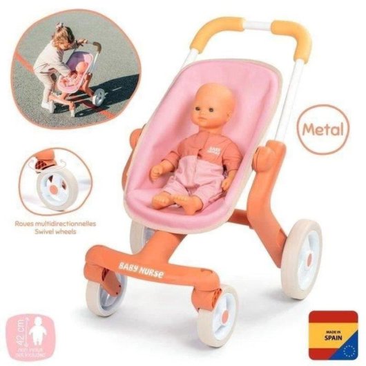 Carrinho para Bonecas Smoby Baby Nurse Pop 4 Rodas Mango Ergonómico 53 cm
