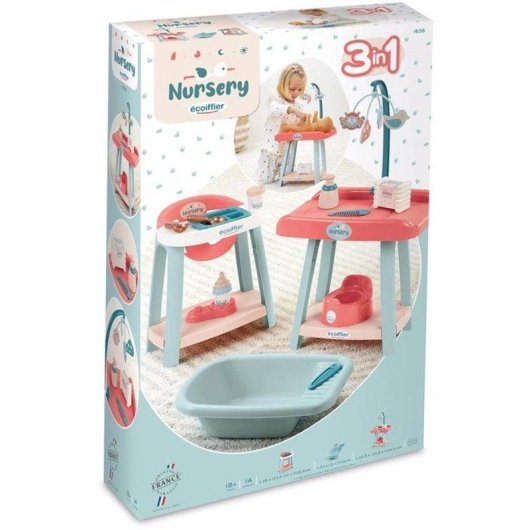 Kit de Jogo 3 em 1 Ecoiffier para Bonecas 32 cm com Cadeira Alta, Trocador e Banheira