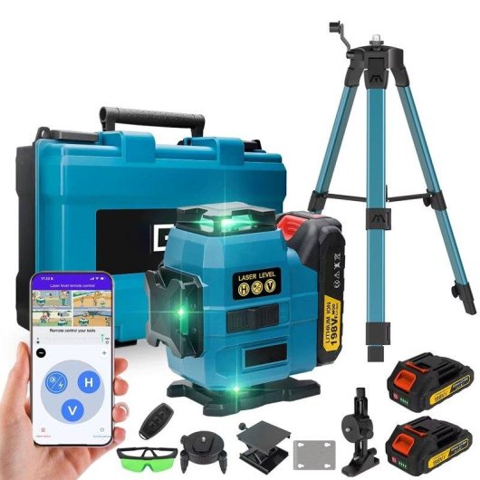 Laserwaage 4D 16 Linien Grün 360° Selbstnivellierend mit Stativ 1m und 2 Akkus Kompatibel Makita 18V