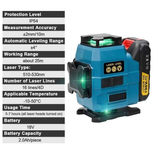 Laserwaage 4D 16 Linien Grün 360° Selbstnivellierend mit Stativ 1m und 2 Akkus Kompatibel Makita 18V