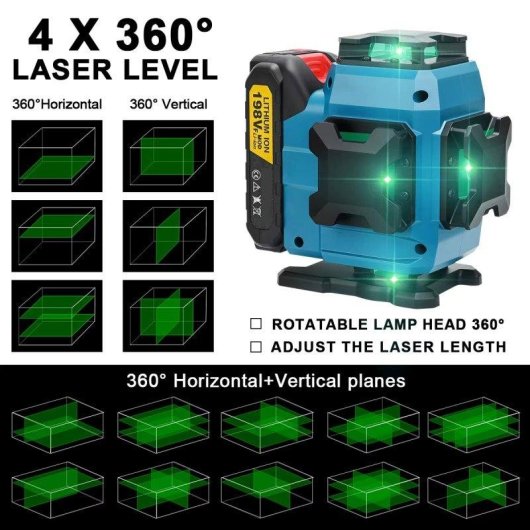 Laserwaage 4D 16 Linien Grün 360° Selbstnivellierend mit Stativ 1m und 2 Akkus Kompatibel Makita 18V
