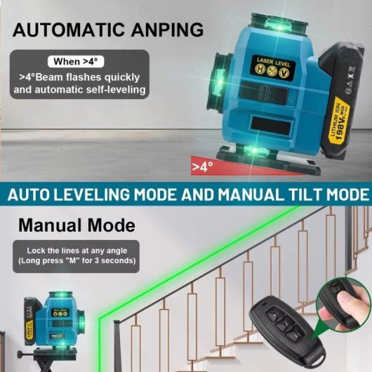 Laserwaage 4D 16 Linien Grün 360° Selbstnivellierend mit Stativ 1m und 2 Akkus Kompatibel Makita 18V