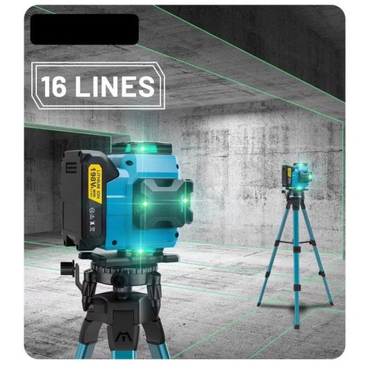 Laserwaage 4D 16 Linien Grün 360° Selbstnivellierend mit Stativ 1m und 2 Akkus Kompatibel Makita 18V