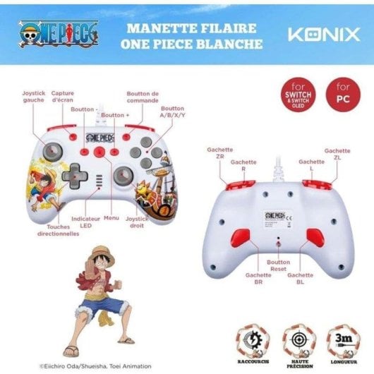 Manette filaire Konix One Piece pour Nintendo Switch et PC - Blanche