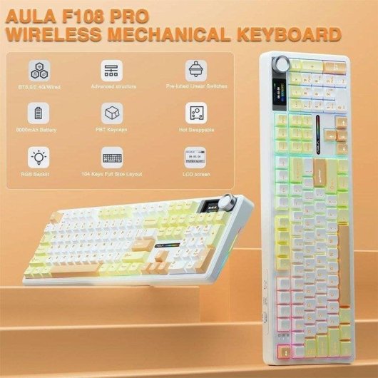 Teclado Aula F108 Pro mecânico sem fios tri-modo Full Size RGB Layout USA