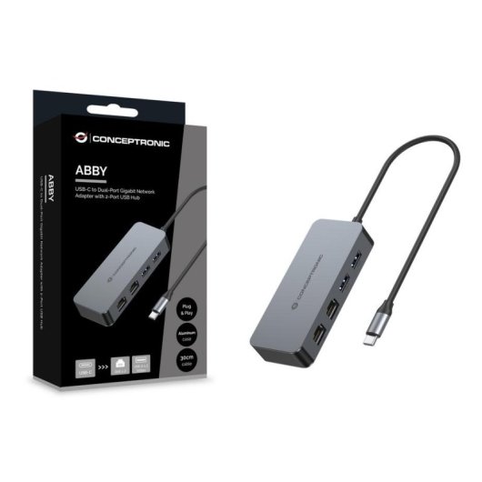 Conceptronic ABBY24G USB-C auf Gigabit Ethernet Adapter mit 2 USB-Anschlüssen