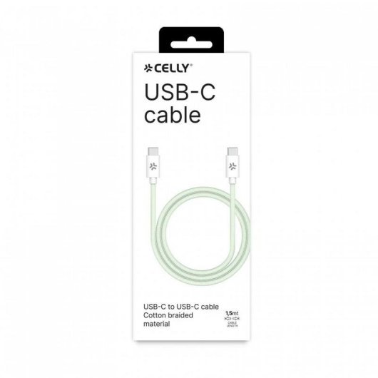 Cavo USB-C a USB-C Celly Intrecciato 1,5 m Verde/Bianco