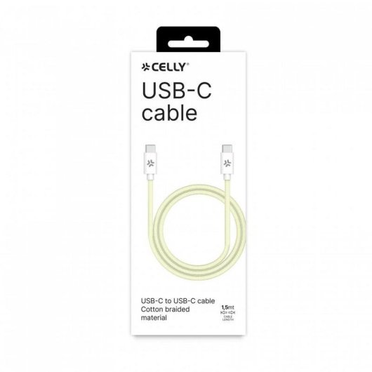 Câble USB-C Celly 1,5 m Tressé Charge Rapide 100W Blanc Jaune