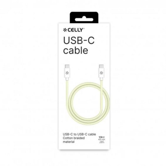 Câble USB-C Celly 1,5 m Tressé Charge Rapide 100W Blanc Jaune