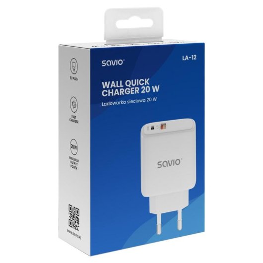 Wandladegerät Savio LA-12 20W USB-C/USB-A Schnellladen