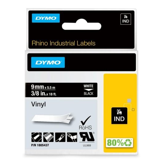 Nastro Etichette DYMO Rhino Vinile 9 mm x 5,5 m Bianco su Nero