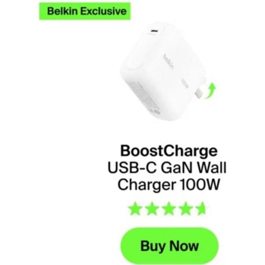 Chargeur Mural USB-C GaN Belkin BOOSTCHARGE 100W Blanc