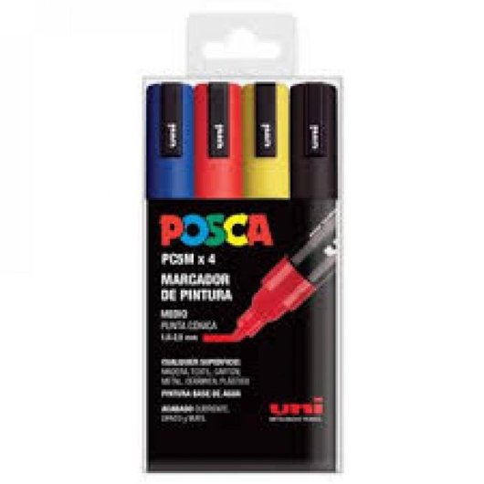 Set von 4 Uni-Ball Posca PC-5M Markierstiften 1,8-2,5 mm Basisfarben