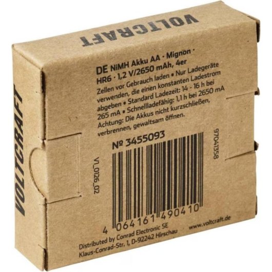Pila recargable Voltcraft VC-17275465 AA NiMH 2650 mAh pack 4 unidades