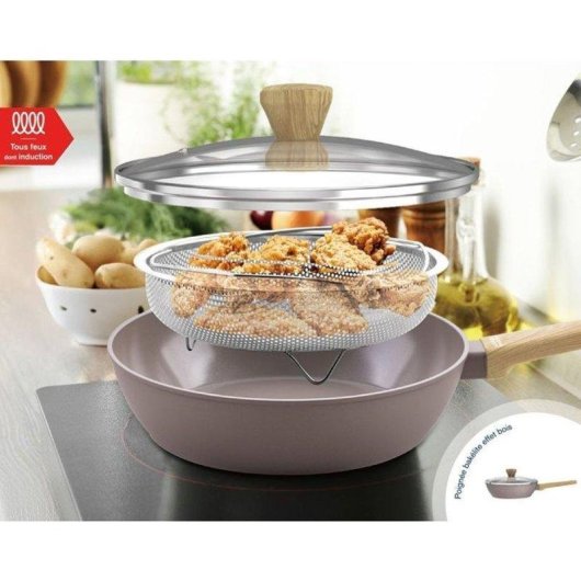Bratpfanne Arthur Martin AM9910 24 cm Keramikbeschichtung Taupe mit Glasdeckel und Dampfkorb