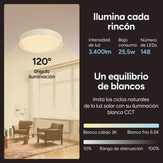 Ksix Helios Plafón Smartled, Diseño Redondo, Altavoz, Rgbic + Cct, Ø40x10cm, 3400 Lm, 25.5w, App Tuya, Blanco