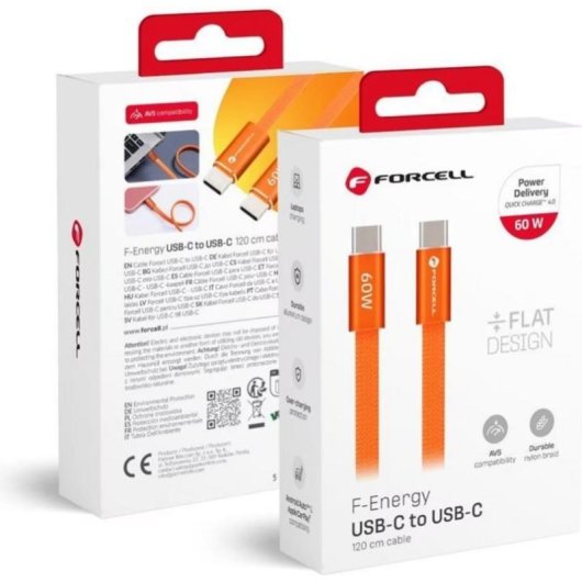 USB-C-Kabel Forcell Cafule Flat 60W 3A 1,20 m Orange