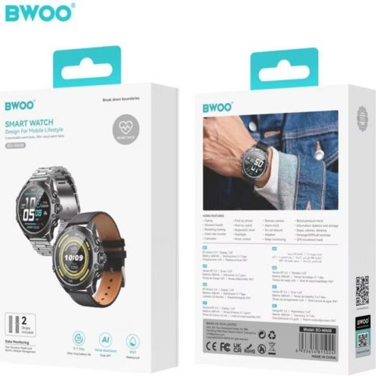 Bwoo WA-08 Bluetooth GPS 36mm Schwarz IP67 Pulsmesser Blutdruckmesser