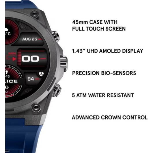 Police PEIUN00003X1 Bluetooth 47,5mm Gunmetal Noir IP68 5ATM Cardiofréquencemètre
