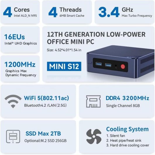 Mini PC Beelink Mini S12 Intel N95/8GB/256GB SSD/Intel UHD Graphics/Windows 11 Home