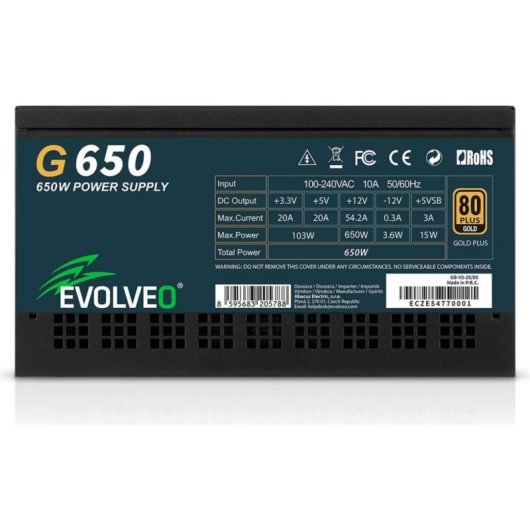 Fonte de Alimentação Evolveo G650 Certificação 80+ Gold 650W modular ventoinha silenciosa