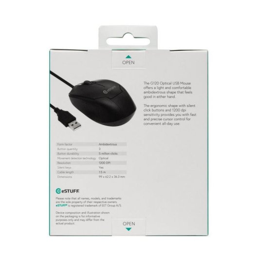 Ratón eSTUFF GLB213002 USB 1200 DPI Ambidestro Preto Clique Silencioso