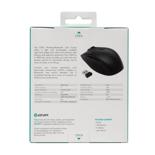Rato eSTUFF G305 Bluetooth dual 1800 DPI Preto 6 Botões