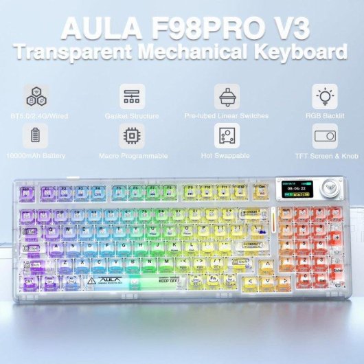 Teclado Aula F98 Pro mecánico inalámbrico RGB Hot-Swap con pantalla OLED