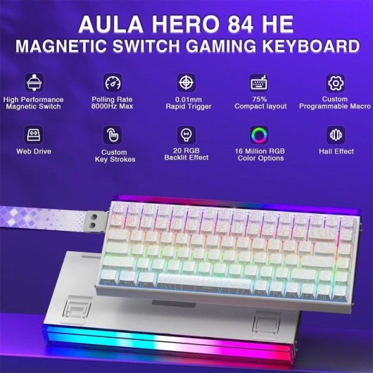 Teclado Aula Hero 84 HE Hall Effect Magnético 75% Compacto RGB Hot-Swappable