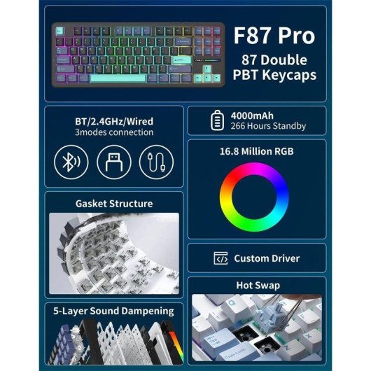 Clavier Aula F87 Pro sans fil 87 touches triple mode Hot Swappable 4000mAh