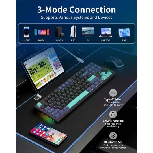 Clavier Aula F87 Pro sans fil 87 touches triple mode Hot Swappable 4000mAh