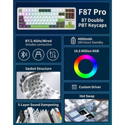 Clavier Aula F87 Pro sans fil 87 touches RGB Hot-swap Gasket
