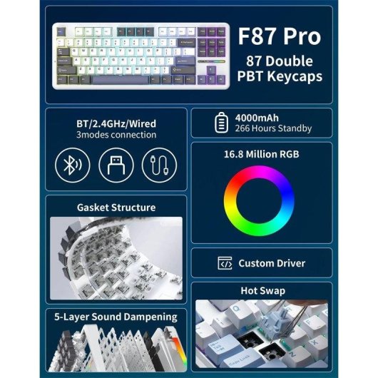 Clavier Aula F87 Pro mécanique sans fil 87 touches Gasket Hot-swappable RGB
