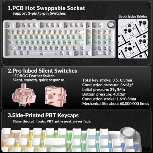 Clavier Autrucker F99 Pro sans fil silencieux RGB Hot-swap Gasket 8000mAh PBT