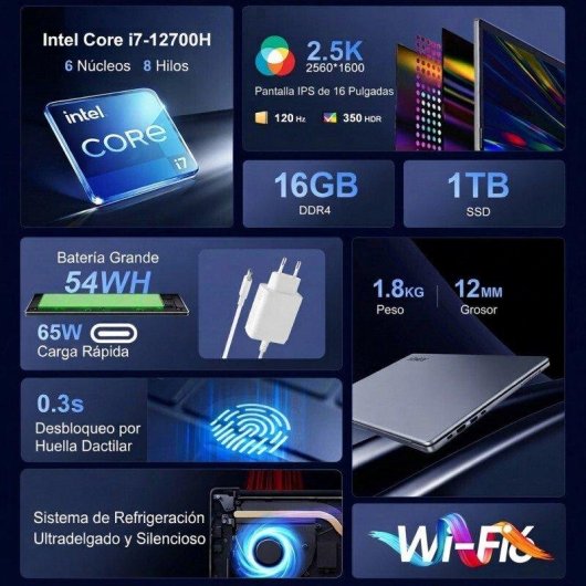 Portatile Ninkear N16 Pro 16" Intel Core i7-12700H 16GB Iris Xe 1TB SSD Windows 11 tastiera retroilluminata