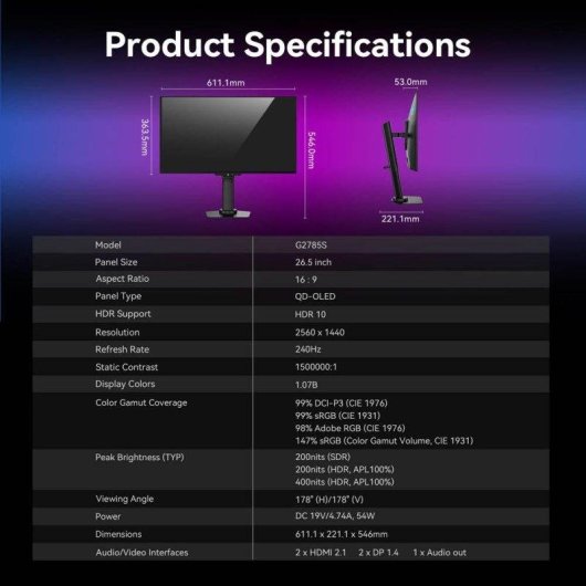 Monitor PC Titan Army G2785s 26,5" QHD 240Hz QD-OLED HDR10 FreeSync 0,03ms