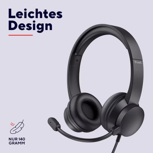 Casque Trust Roha II USB-A avec micro, filaire, usage bureau, noir