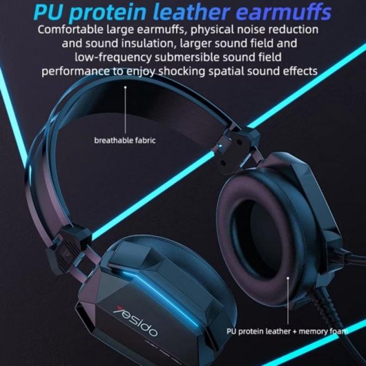 Auriculares Yesido EK03 avec câble USB, micro, éclairage RGB et design over ear noir